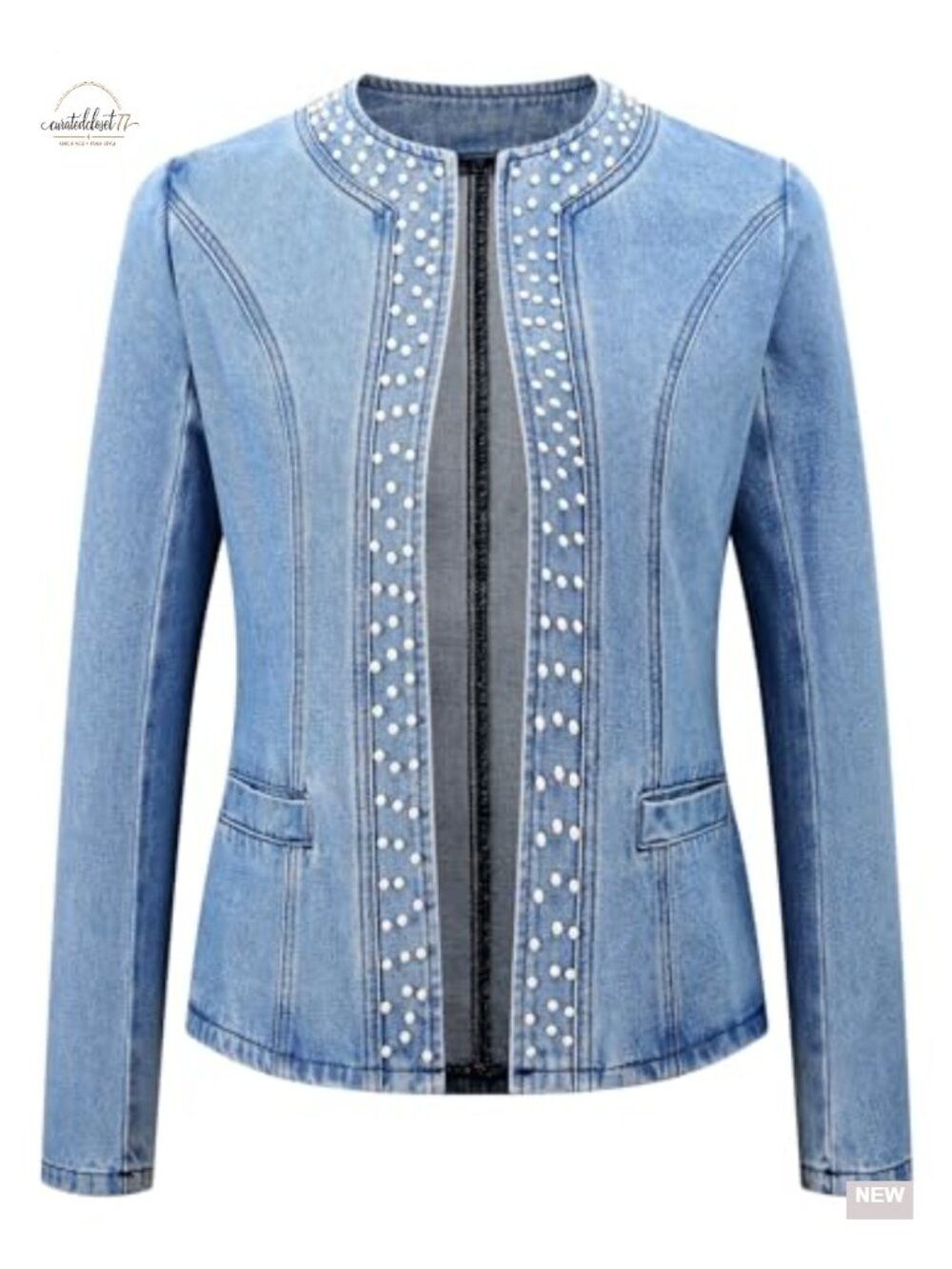 Women's Pearl Denim Jacket Long Sleeve Collarless Rivet Denim Coat with Pockets